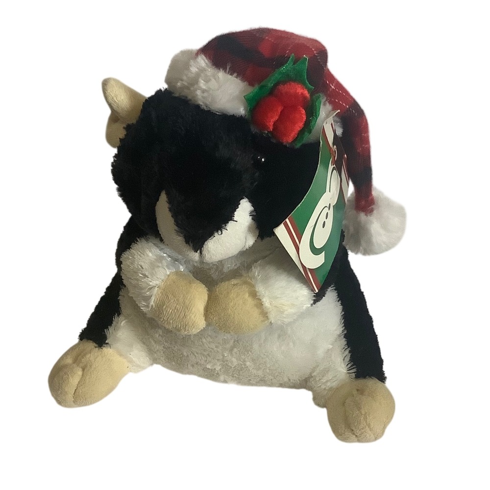 Big Lots Christmas Plush Black Hamster 9" Buffalo Plaid Santa Hat NWT